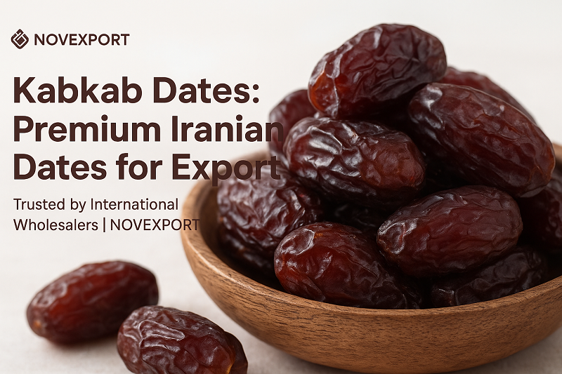 Premium Kabkab dates from Iran displayed for international wholesale export by NOVEXPORT